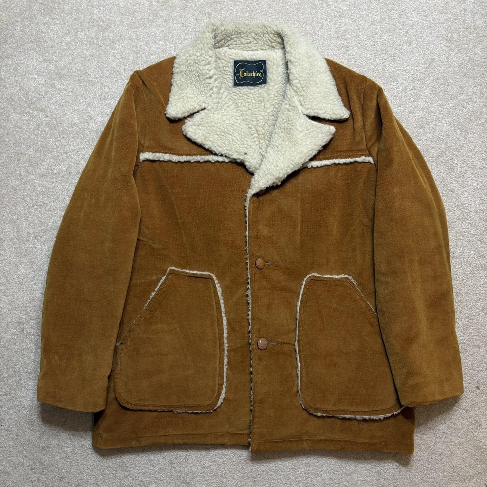 Vtg Lakeshire Coat Mens 44 Brown‎ Corduroy Sherpa Lined Western Ranch 60s Cowboy